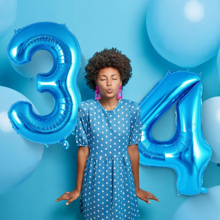 Balon din Folie Metalizata Cyrax, Figurina Cifra, Tema Aniversare 40 cm, Ambalaj Individual, Pai inclus, Umflare cu Aer sau Heliu, Albastru, Cifra 4