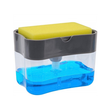 Dozator Cyrax, Dispenser 2 in 1 pentru Detergent Lichid de Vase sau pentru Obiecte Sanitare cu Suport pentru Burete de Bucatarie ,14 x 10.5 x 10 cm, capacitate 380 ml, gri