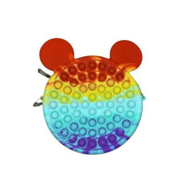 Jucarie antistres din silicon Cyrax, Geanta Pop It, Soricel, 16 cm, Curcubeu