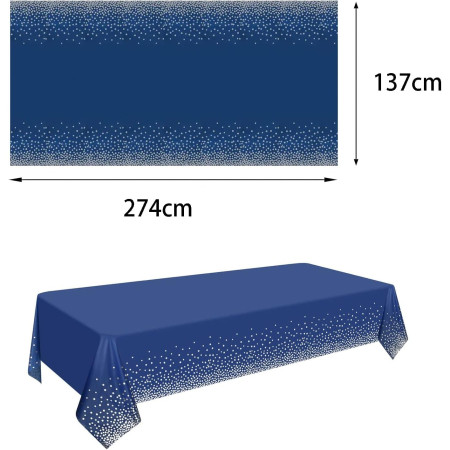 Fata de Masa, Cyrax, din PEVA, Imprimeu Buline Argintii, 137 x 274 cm, Impermeabila, Fara Pete, Curatare Rapida, Albastru Inchis