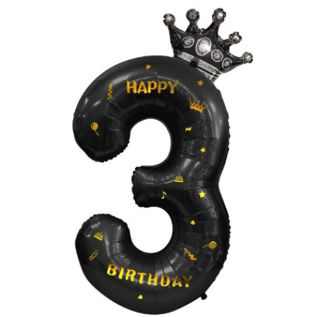 Balon din Folie Metalizata Cyrax, Figurina Cifra si Coroana, Scris Happy Birthday, Tema Aniversare 100 cm, Ambalaj Individual, Pai inclus, Umflare cu Aer sau Heliu, Negru, Cifra 3
