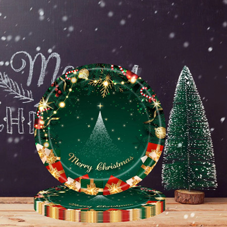 Set 16 Farfurii de Unica Folosinta, Cyrax, Model Brad de Craciun Merry Christmas, Tematica Craciun, 18 cm, Verde