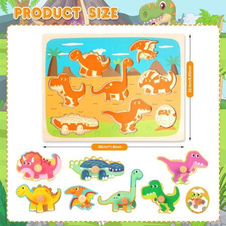 Puzzle Montessori din Lemn pentru Copii, Cyrax, 3D, 0-3 Ani, Model Dinozauri, Educativ, Intuitiv, Creativ, 8 Piese, 30x22.5x0.8 cm, Multicolor