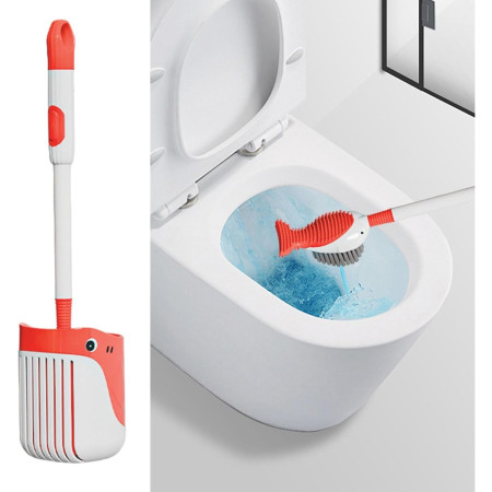 Perie de Toaleta,  cu Suport de Perete, Recipient Detergent, 2 Tipuri de Perii, Model Balena, Rosu