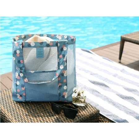 Geanta de Plaja, Cyrax, din Plasa Transparenta, Imprimeu Floral, 43 x 10 x 33 cm, Model pentru Umar, Lungime Inferioara 33 cm, Albastru