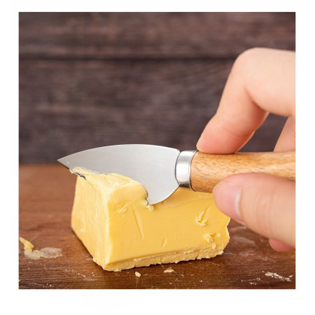 Set 4 cutite pentru branza Cyrax, din otel inoxidabil, maner din lemn de salcam, pentru branza sau unt, 15 x 6.3 x 3 cm, argintiu