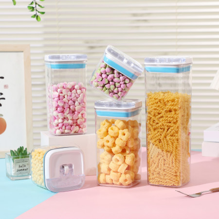 Cutii de Depozitare Alimente, Cyrax, Set din 5 Cutii de tip Container, 1x0.5 l, 2x0.8 l, 1x1.2 l, 1x1.9 l, Recipiente pentru Cereale in Bucatarie,  Transparente cu Capac Albastru-Alb