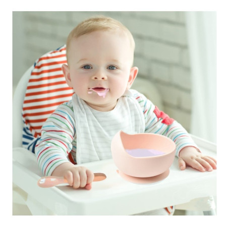 Set 10 piese diversificare bebelusi si copii din silicon Cyrax, baveta, farfurie compartimentata cu ventuza, bol cu ventuza, tacamuri din lemn si silicon, cana pentru gustari, fara alergeni, roz pal