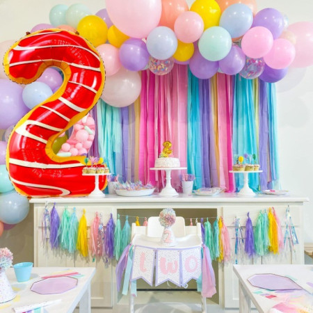 Balon din Folie Metalizata Cyrax, Figurina Cifra, Imprimeu Gogosi, Tema Aniversare 100 cm, Ambalaj Individual, Pai inclus, Umflare cu Aer sau Heliu, Multicolor, Cifra 2