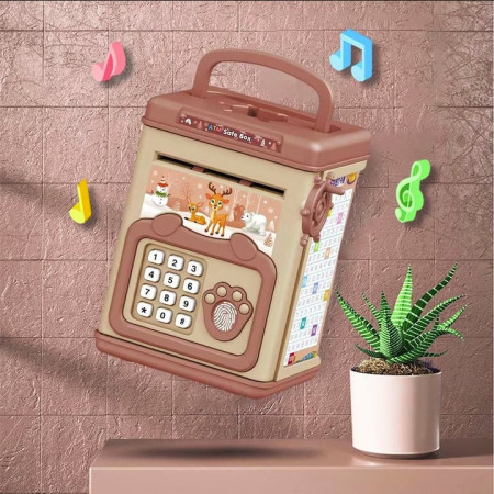 Pusculita pentru Copii, Cyrax, pusculita pentru economii SMART BOX cu efecte sonore, Tip ATM, cu Parola cu Amprenta, din plastic, 20 x 13.5 x 11.5 cm Roz