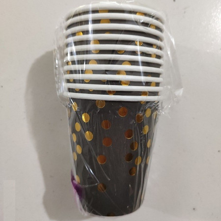 Set 10 Pahare, Cyrax, Imprimeu cu Buline, din Carton, 250 ml, 7.5 x 8.5 x 5.2 cm, Negru/Auriu