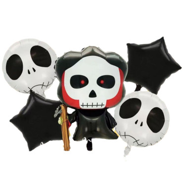 Set 5 Baloane din Folie Metalizata, Cyrax, Figurine, Tema Halloween, Pai Inclus, Ambalaj Individual, Umflare cu Aer sau Heliu, Figurina Craniu 50.5x74 cm, Stelute si Cerculete 45 cm, Alb-Negru