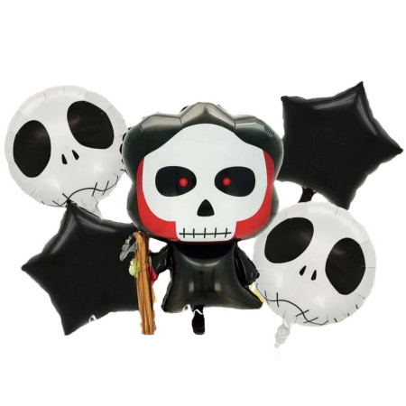 Set 5 Baloane din Folie Metalizata, Cyrax, Figurine, Tema Halloween, Pai Inclus, Ambalaj Individual, Umflare cu Aer sau Heliu, Figurina Craniu 50.5x74 cm, Stelute si Cerculete 45 cm, Alb-Negru