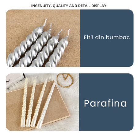 Set 4 Lumanari pentru Masa, Cina, Decor,  Model Rasucit, Lungime 25 cm, Alb