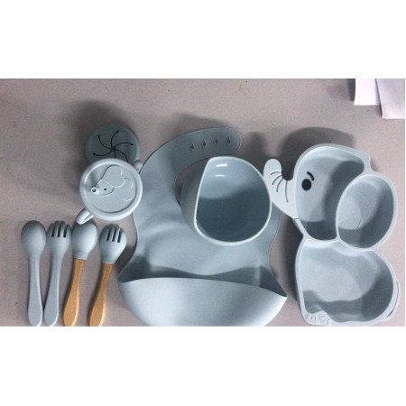 Set 10 Piese Servire Masa. Cyrax, pentru Bebelusi si Copii, din Silicon/Lemn, cu Ventuze Anti-alunecare, fara Alergeni. +6 Luni, Model Elefant, Albastru Deschis