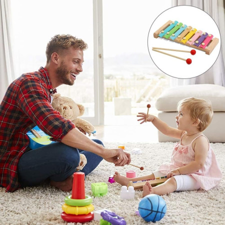 Instrument Muzical Xilofon Cyrax, din Lemn, 8 Note Muzicale, 2 Bete de Percutie, 4-6 Ani, Multicolor Pastel