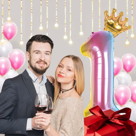 Balon din Folie Metalizata, Cyrax, Figurina Cifra Gradient, Tema Aniversare 80 cm, Ambalaj Individual, Pai inclus, Umflare cu Aer sau Heliu, Coronita, Cifra 1