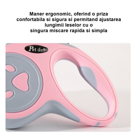 Lesa Automata Retractabila,  pentru Caini, 5m, 20 kg, ABS, Roz/Gri, 8x12x4 cm