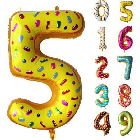 Balon din Folie Metalizata Cyrax, Figurina Cifra, Imprimeu Gogosi, Tema Aniversare 100 cm, Ambalaj Individual, Pai inclus, Umflare cu Aer sau Heliu, Multicolor, Cifra 5