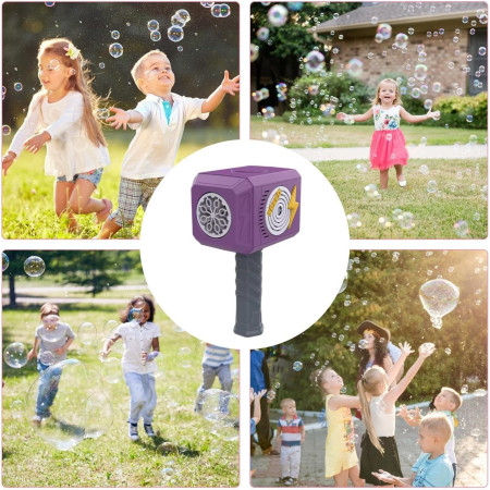 Jucarie Interactiva pentru Baloane de Sapun, Cyrax, Sunete si Lumini, Model Ciocan, cu 8 Orificii, 13.5 x 10 x 12 cm, Mov