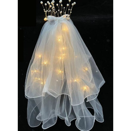 Voal Luminos cu Coronita, Cyrax, Lumina Alb Cald, pentru Serbari Copii, Petrecerea Burlacitelor, Marime universala, Lumina LED, Alb