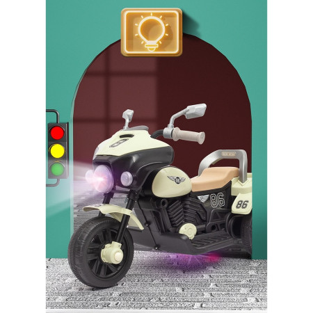 Motocicleta Electrica Cyrax, cu Acumulator, cu Sistem Anti-Rasturnare, Sistem de Lumini si Muzica, Cutie de Depozitare, 1-8 Ani, 93 x 43 x 58 cm, Alb - Bej