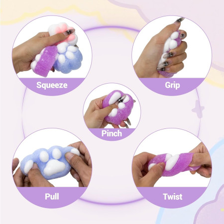 Jucarie Antistres Squishy, Cyrax, cu Revenire Lenta, Squeeze Pinch Family, Model Labuta de Pisica Pufoasa, 6x6 cm, 72g, Ambalaj Transparent, Mov-Alb