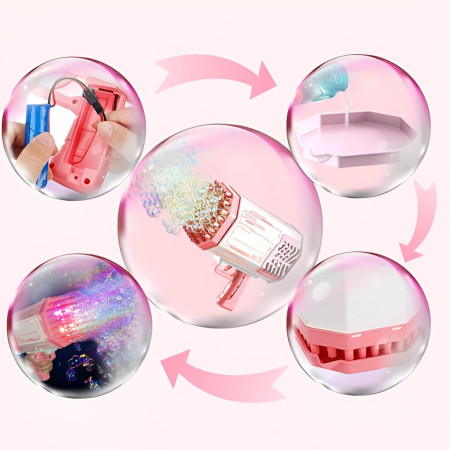 Pistol pentru Baloane de Sapun, Cyrax, 69 de Gauri, Lumini Colorate, Tavita, Lichid, Baterie de Li, Cablu de Incarcare, 24cm x 14cm x 24cm, Roz