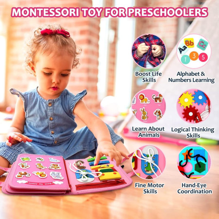 Carte Senzoriala Educativa Montessori 7in1, Cyrax, 26 de Activitati, Dezvoltare Abilitati Motorii, 4 Pagini, Model Dinozauri, 28x22x7 cm, Roz