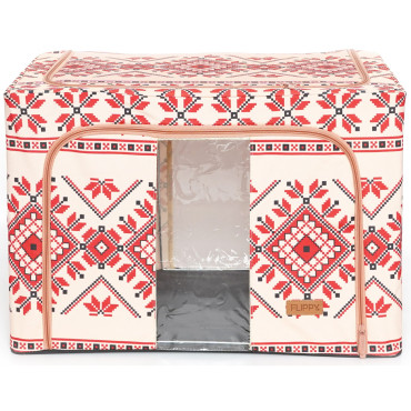 Cutie de Depozitare Pliabila, 100 L din Bumbac si In, 60X42X40 cm, Fereastra Frontala, 2 Usi de Acces cu Fermoar Bidirectional, Cadru Metalic, Suport Baza Stabil din Plastic, Motiv Traditional Model 2