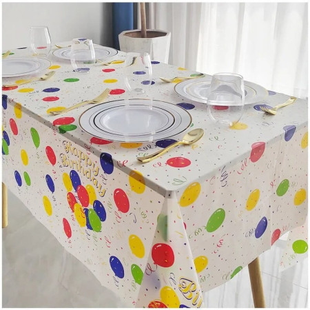 Fata de Masa, Cyrax, din PEVA, Imprimeu Happy Birthday cu Baloane, 137 x 274 cm, Impermeabila, Fara Pete, Curatare Rapida, Multicolor