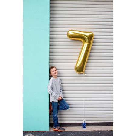 Balon din Folie Metalizata Cyrax, Figurina Cifra, Tema Aniversare 100 cm, Ambalaj Individual, Pai inclus, Umflare cu Aer sau Heliu, Auriu, Cifra 7