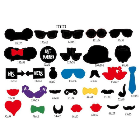 Set 31 de Accesorii pentru Petrecere, Cyrax, Props pentru Coltul de Poze, Ochelari, Palarii, Mustata, Cravata, Tematica Nunta, Multicolor