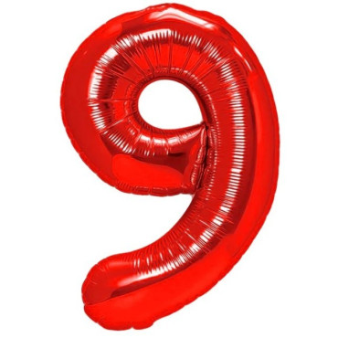 Balon din Folie Metalizata Cyrax, Figurina Cifra, Tema Aniversare 100 cm, Ambalaj Individual, Pai inclus, Umflare cu Aer sau Heliu, Rosu, Cifra 9