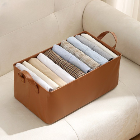 Cutie de Depozitare Tip Cos,  Material Piele Ecologica, Pliabila, 47x28x20 cm, 26 l, Cadru Metalic, cu Manere, Maro