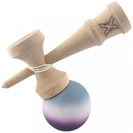 Kendama X Originala, Profesionala, Cyrax, Rubber Grip, din Lemn, 18 cm, Gri/Alb/Mov