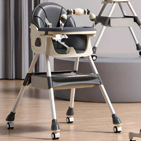Scaun de Masa pentru Bebelusi si Copii, Cyrax, 2 Tavite cu Jucarii si Husa Detasabile, Multifuncțional, Stabil, Centura de Siguranta, Spatar Reglabil Moale, Balansoar, Cos de Depozitare, de la 6 Luni, 97x73x65cm, Gri