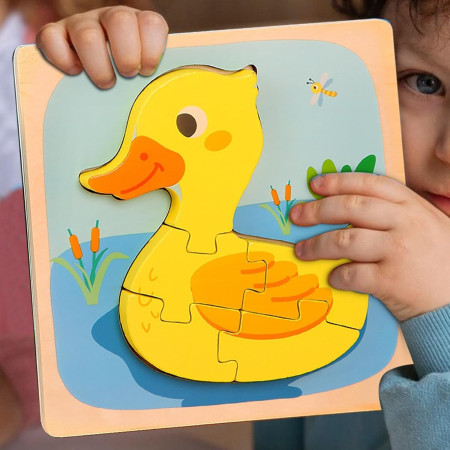 Puzzle Montessori din Lemn pentru Copii, Cyrax, 3D, 0-3 Ani, Model Ratusca, Educativ, Intuitiv, Creativ, 5 Piese, 15x15x0.5 cm, Multicolor