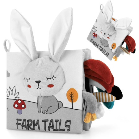 Carte Senzoriala, Cyrax, pentru Bebelusi, 15x16x6 cm, cu Animalute, 3D, Cu Sunete si Fosnete, 0-3 Ani, Model Iepuras, Gri