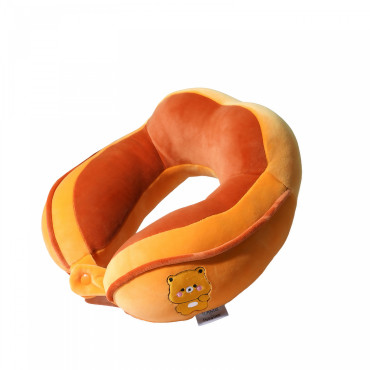 Perna de Calatorie,  Pentru Gat si Cap, Umplutura din Bumbac, 28x28x10 cm, cu Model Brodat Urs, Portocaliu