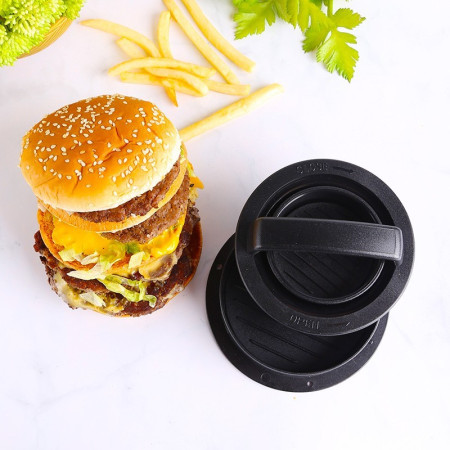 Cyrax Presa dubla pentru hamburgeri 2 in 1, forma si presa, doua dimensiuni, cu maner, usor de curatat si folosit, material ABS, 100 de foi hartie de copt incluse, 13x13.5x7 cm, fara lipire, neagra