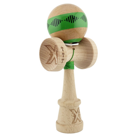 Kendama X Originala FREQUENCY, Profesionala, Cyrax, Cupe Mari KING SIZE V3, Super Sticky, Gaura in Baza, Rulment Metalic, din lemn 18 cm, Ata 55 cm, Verde/Maro