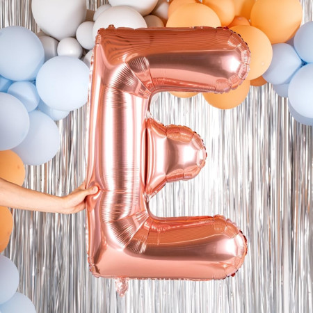 Balon Folie Metalizata Litera E, Cyrax, 80 cm, Umflati cu Heliu sau Aer, Ambalaj Individual, Pai inclus, Rose Gold