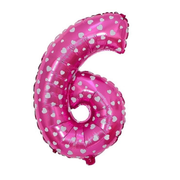 Balon din Folie Metalizata Cyrax, Figurina Cifra, Imprimeu Inimi, Tema Aniversare 80 cm, Ambalaj Individual, Pai inclus, Umflare cu Aer sau Heliu, Roz, Cifra 6