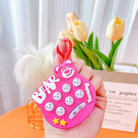 Jucarie pentru copii portabila Cyrax, joc Gopher, cu lumini si muzica, tip breloc, model ursulet, material silicon si ABS, roz