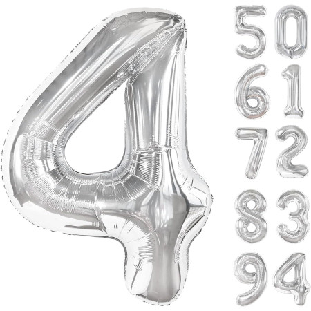 Balon din Folie Metalizata, Cyrax, Figurina Cifra, Tema Aniversare 100 cm, Ambalaj Individual, Pai inclus, Umflare cu Aer sau Heliu, Argintiu, Cifra 4