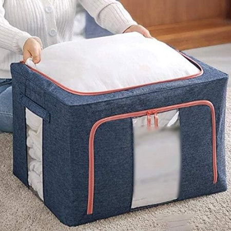 Cutie de depozitare pliabila,  Cu fermoar, 66 L, Textil, 50x40x33 cm, Albastru Marin, Cadru Metalic, Suport Baza Stabil din Plastic, Cu doua ferestre