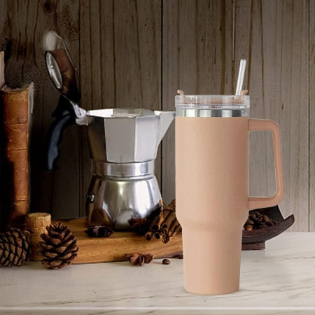 Cana Termos din Plastic, Cyrax, pentru Bauturi Calde si Reci, cu Maner, 9.9x9.9x27 cm, Roz Pal