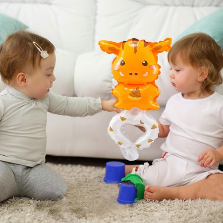 Balon din Folie Metalizata, Cyrax, Figurine Animalute, Tip Bratara, Model Girafa, 13 x 35 cm, Ambalaj Individual, Pai Inclus, Umflare cu Aer sau Heliu, Maro