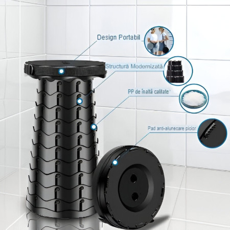 Scaun Telescopic Pliabil pentru Camping si Pescuit,  Portabil, Universal, Sustine 150 kg, ABS, Diametru 25 cm, Extensibil, Inaltime 45 cm, Negru